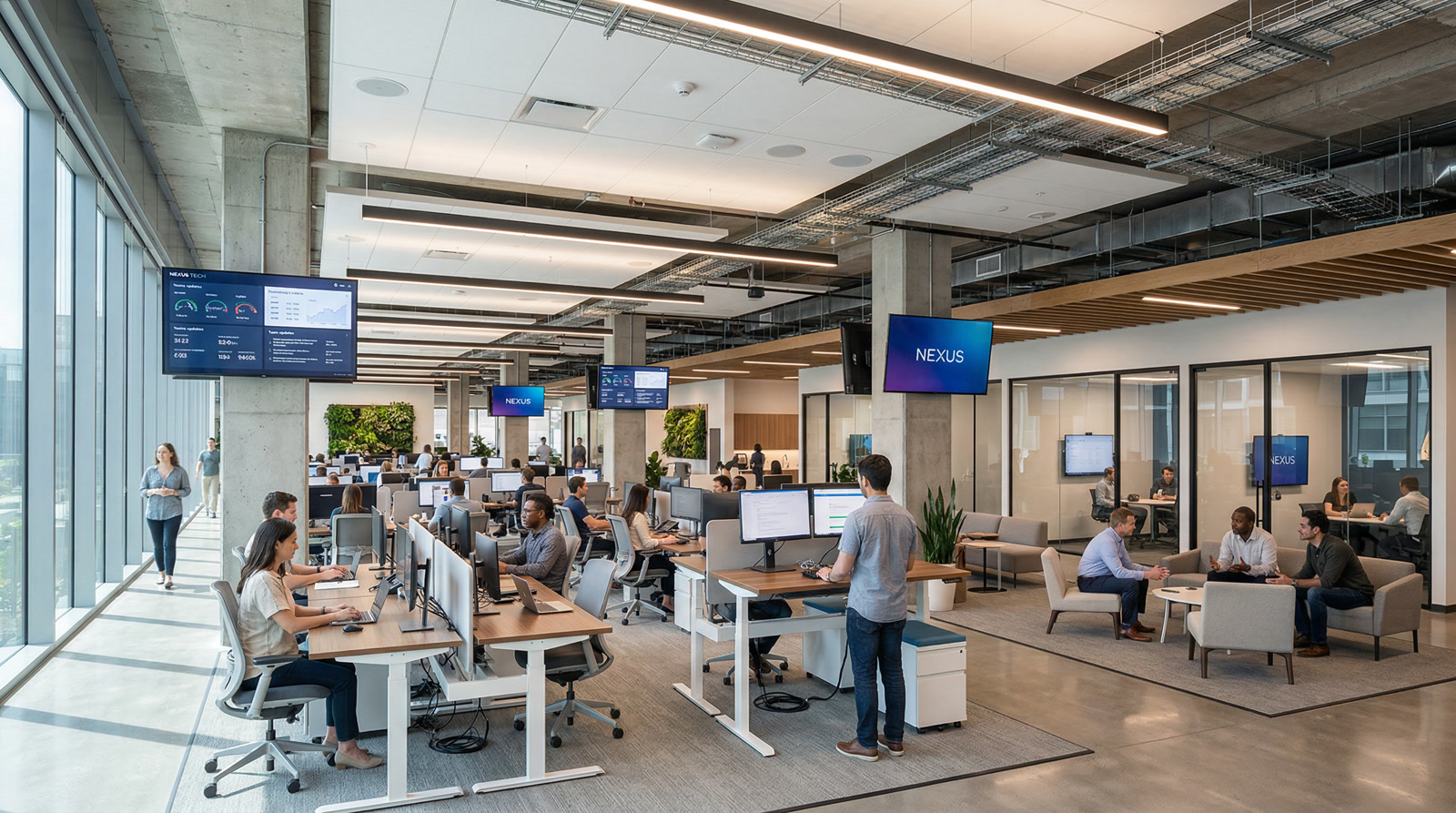 Stamford Class A commercial floor with modern open plan, glass-walled conference rooms, and city views