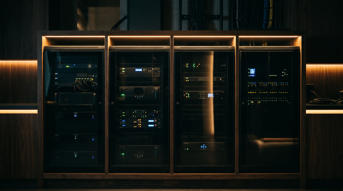 Four control system processor racks in a custom millwork bay with gold LED accent lighting