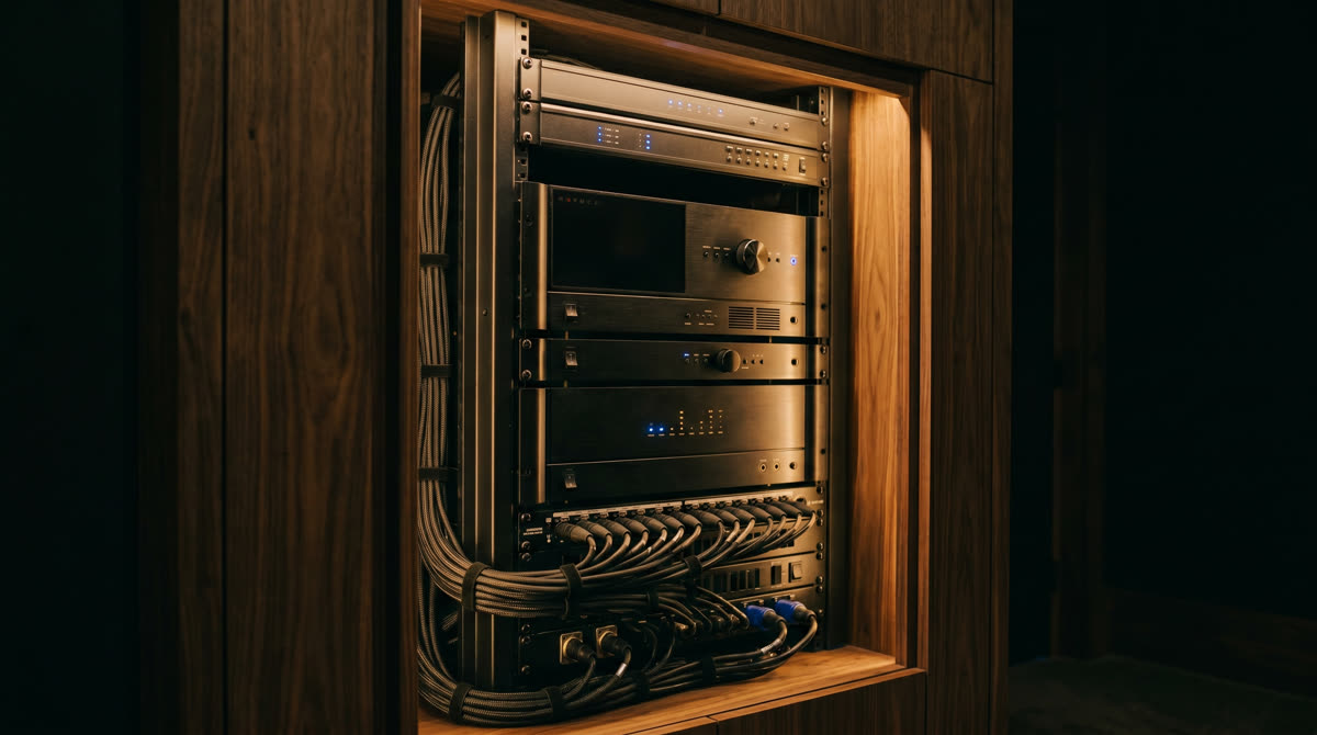 Custom AV rack inside a walnut millwork bay with matrix audio amplifiers, blue and amber LED indicators, and warm ambient lighting