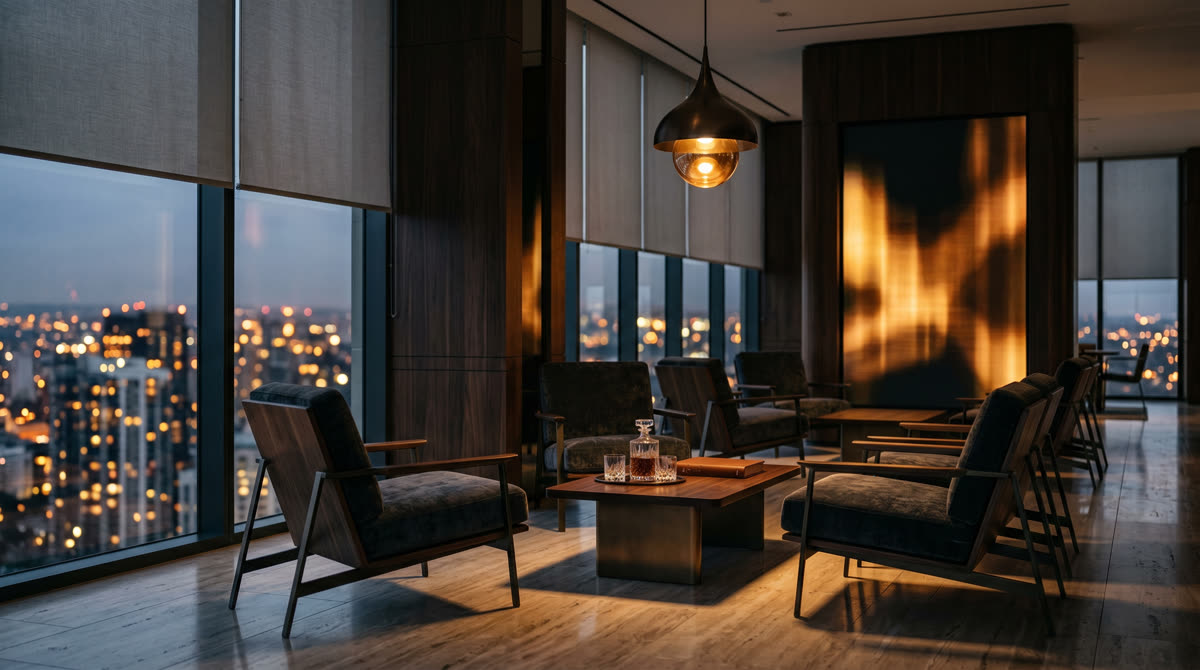 Cinematic dark editorial view of a luxury Class A high-rise amenity floor at dusk, warm amber and gold accents, cantilevered lounge seating, integrated digital art wall, motorized shades partially drawn, polished stone and walnut finishes, distant city light through floor-to-ceiling glass