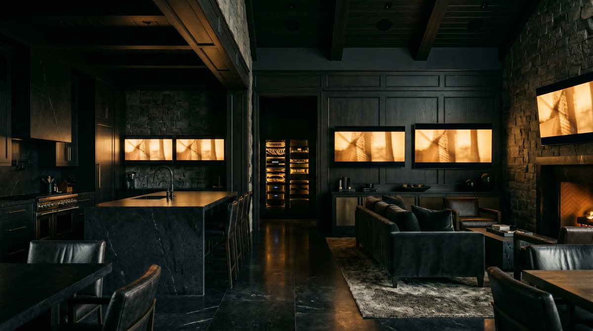 Multiple flat-panel displays distributed across a luxury great room and kitchen