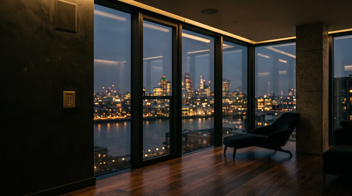 Luxury high-rise condo interior at dusk with floor-to-ceiling windows revealing a softly glowing city skyline reflected on a river, low warm cove lighting, polished walnut floor, brushed brass keypad on a textured plaster wall, sculptural lounge chair