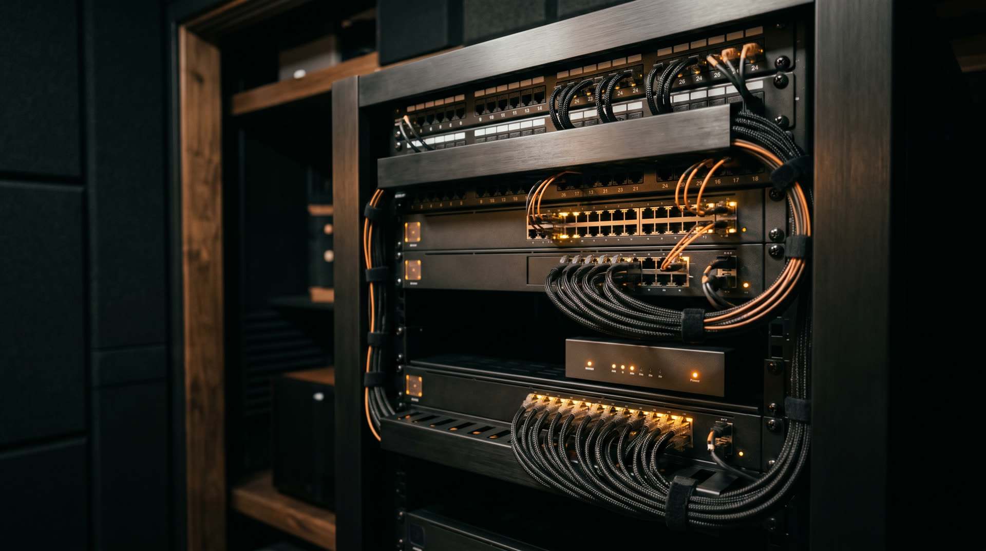 Cinematic dark editorial view of a luxury home equipment closet at night with a brushed-metal server rack, neat fiber and Cat6A cabling, glowing amber LED status lights on enterprise switches and access points, polished hardwood frame around the closet, shallow DoF