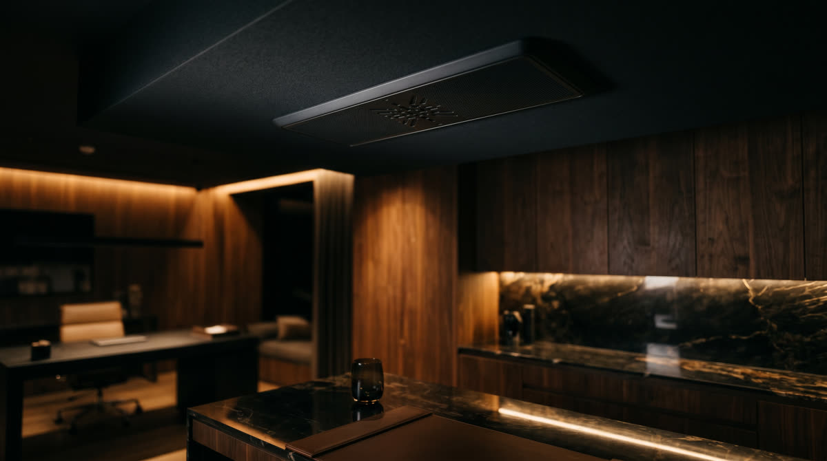 Ceiling-mounted voice microphone array in a luxury walnut interior with warm gold ambient lighting