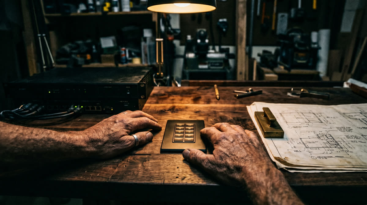 Craftsman's hands resting on a walnut workbench beside a Crestron processor and dimmer keypad, architectural drawings lit by a single warm key light -- representing the precision and quiet expertise of Restrepo Innovations