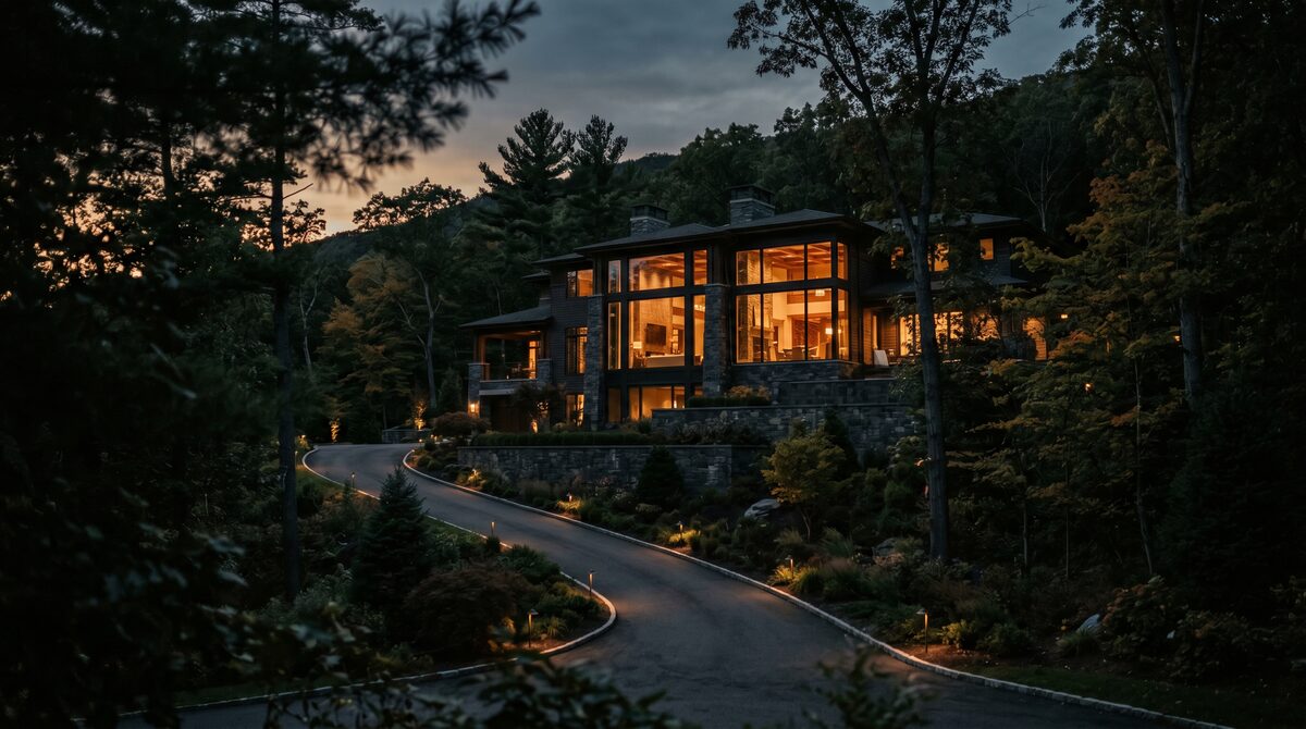 Luxury New Jersey mountainside estate at golden hour with warm interior lights glowing through floor-to-ceiling windows and manicured landscape lighting by Restrepo Innovations