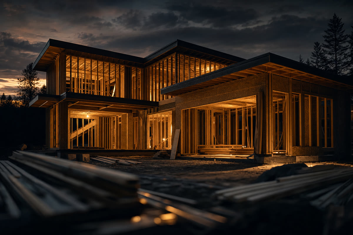 High-end residential construction site with clean framing and coordinated rough-in