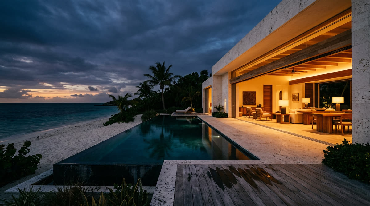 Luxury home at twilight representing Restrepo Innovations smart home work in Anguilla & St. Barths