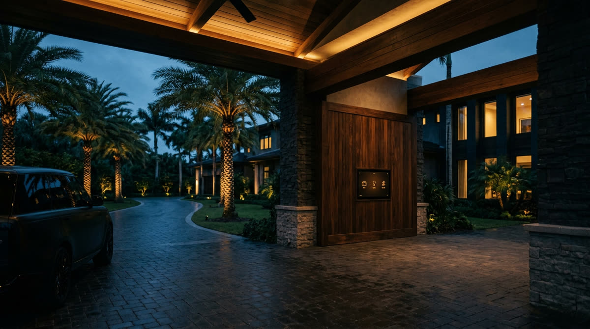 Luxury home at twilight representing Restrepo Innovations smart home work in Boca Raton
