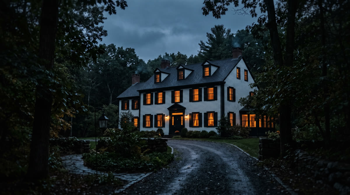 Classic New England colonial estate at dusk representing Restrepo Innovations smart home integration in Westport, CT by Restrepo Innovations, Elite Pro Crestron Dealer serving NJ, NY, and CT
