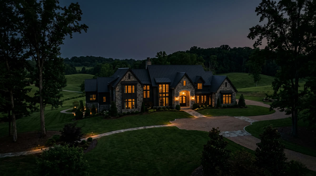 Luxury home at twilight representing Restrepo Innovations smart home work in Franklin, TN