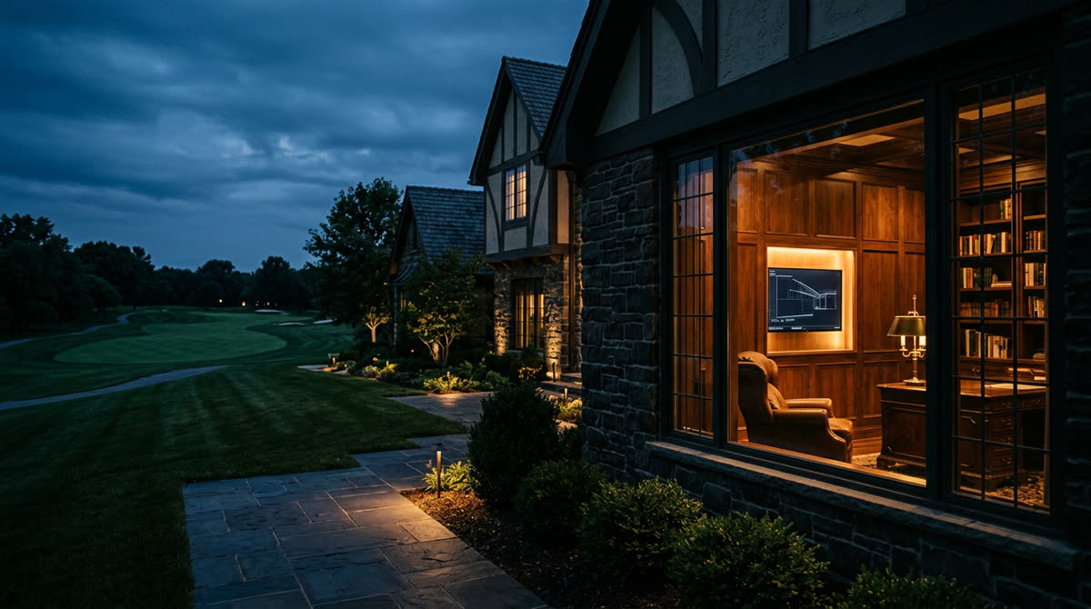 Luxury home at twilight representing Restrepo Innovations smart home work in Leawood, KS