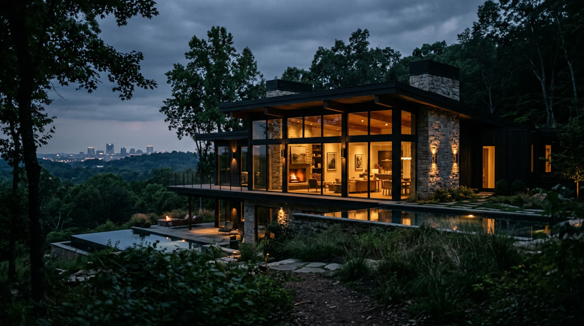 Luxury home at twilight representing Restrepo Innovations smart home work in Nashville Luxury, TN
