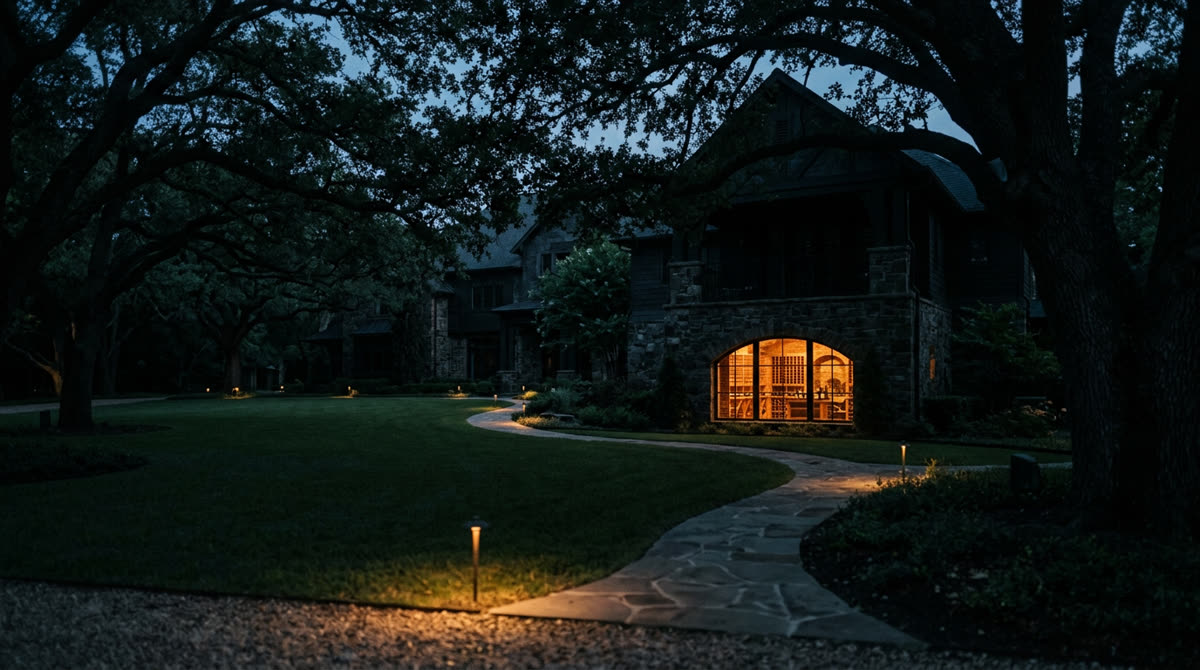 Luxury home at twilight representing Restrepo Innovations smart home work in Pinecrest
