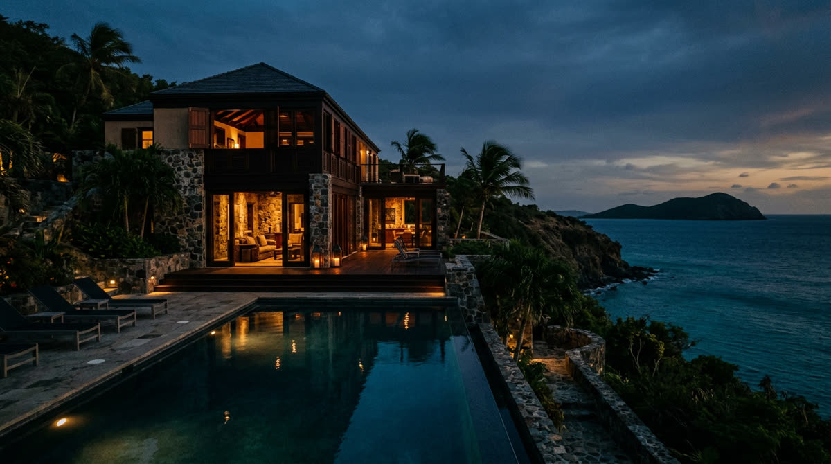 Luxury home at twilight representing Restrepo Innovations smart home work in St. Croix, USVI