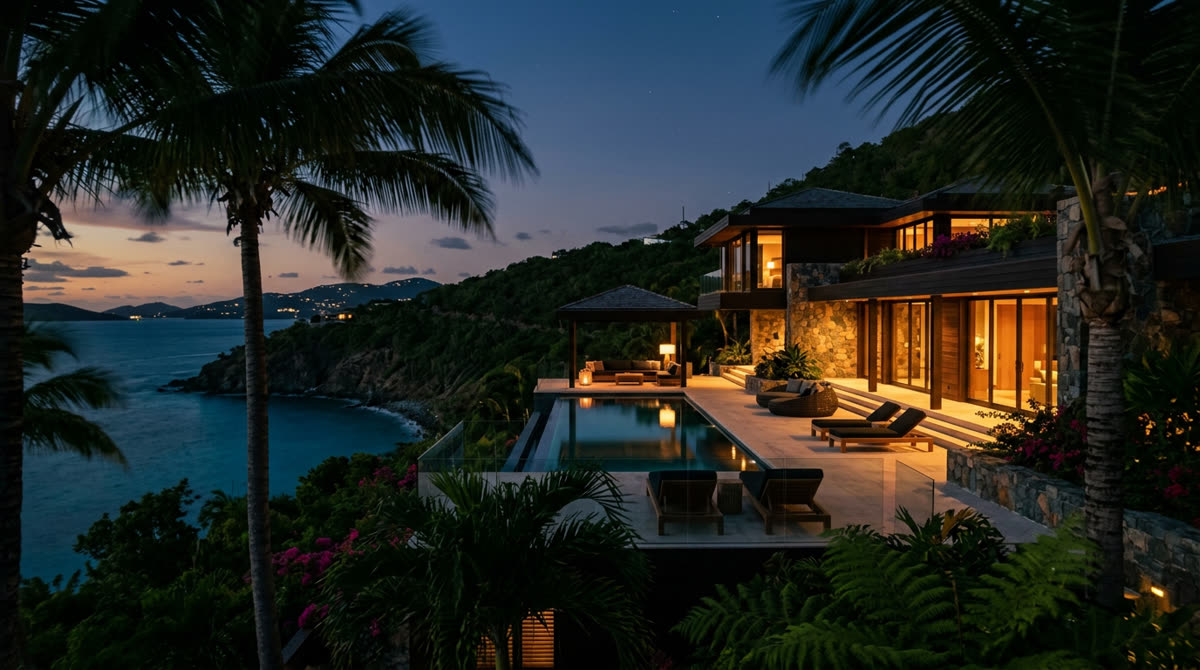 Luxury home at twilight representing Restrepo Innovations smart home work in St. John, USVI