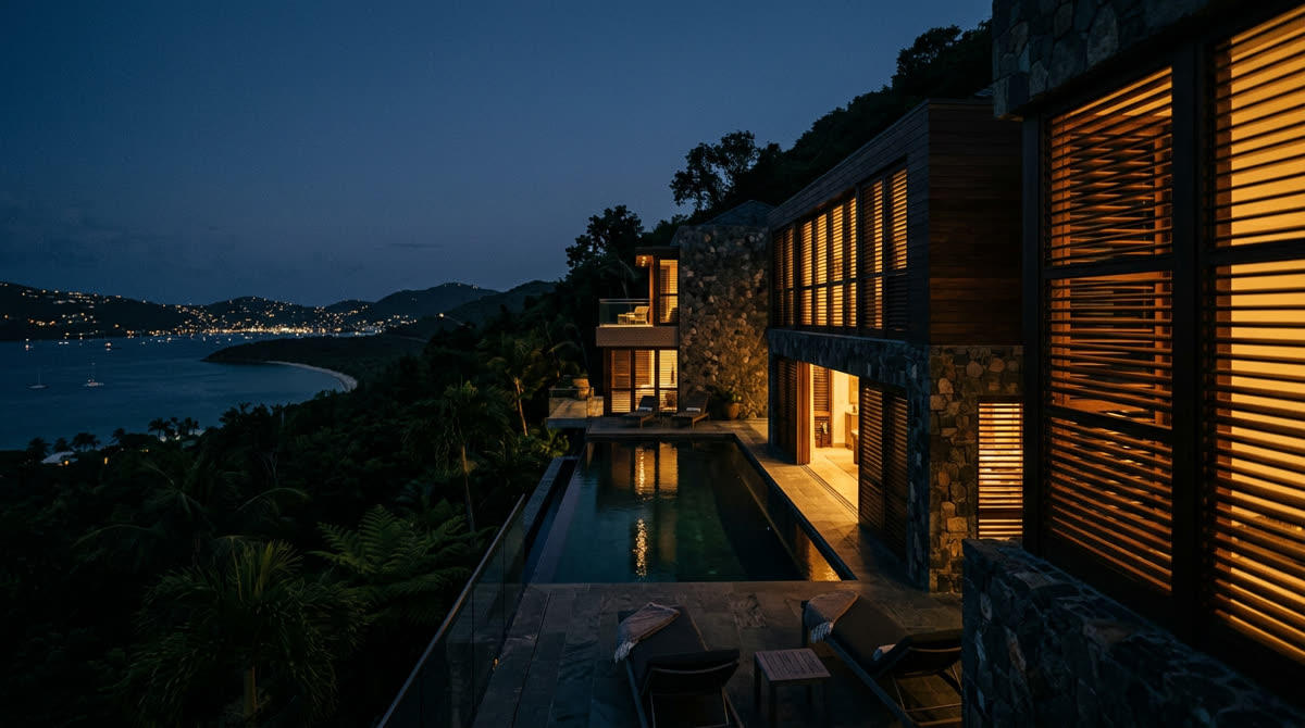 Luxury home at twilight representing Restrepo Innovations smart home work in St. Thomas, USVI