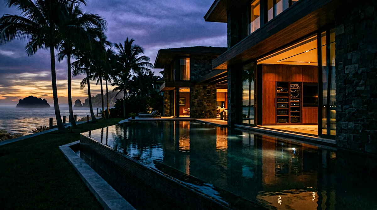 Luxury home at twilight representing Restrepo Innovations smart home work in Star Island and Fisher Island