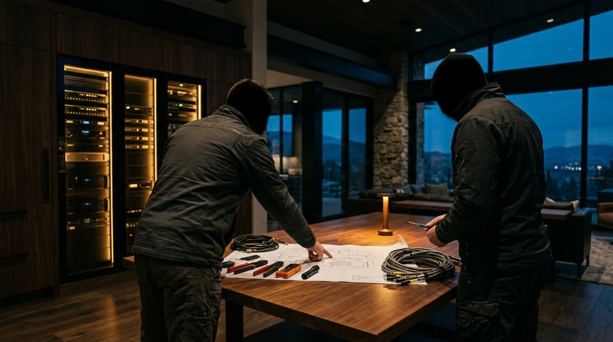 Mid-South luxury smart home interior with integrated Crestron control, warm architectural lighting, and motorized shading representing the HomeTronix and Restrepo Innovations partnership across Tennessee and Arkansas