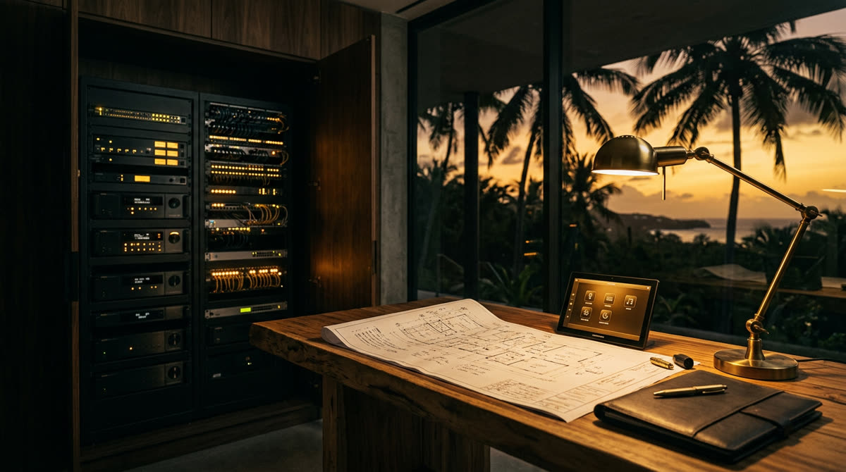 Caribbean luxury villa with outdoor audio, integrated AV, and tropical landscaping representing Island Media Systems and Restrepo Innovations partnership across USVI, BVI, and Eastern Caribbean