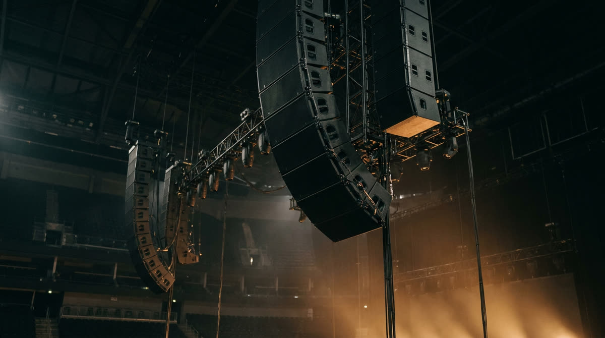 L-Acoustics line array hanging in a venue bowl, representing the partnership between L-Acoustics and Restrepo Innovations