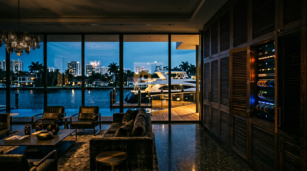 South Florida luxury waterfront estate with integrated smart home technology representing Media Rescue and Restrepo Innovations Gold Coast partnership across Miami-Dade, Broward, Palm Beach, and Martin County