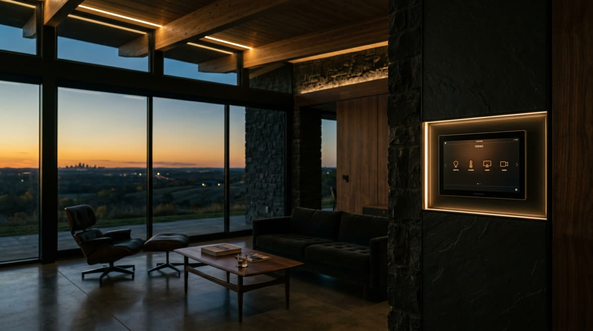 Kansas City luxury home theater and smart home automation showcasing Crestron Home OS integration representing Simplicity KC and Restrepo Innovations Plains region partnership