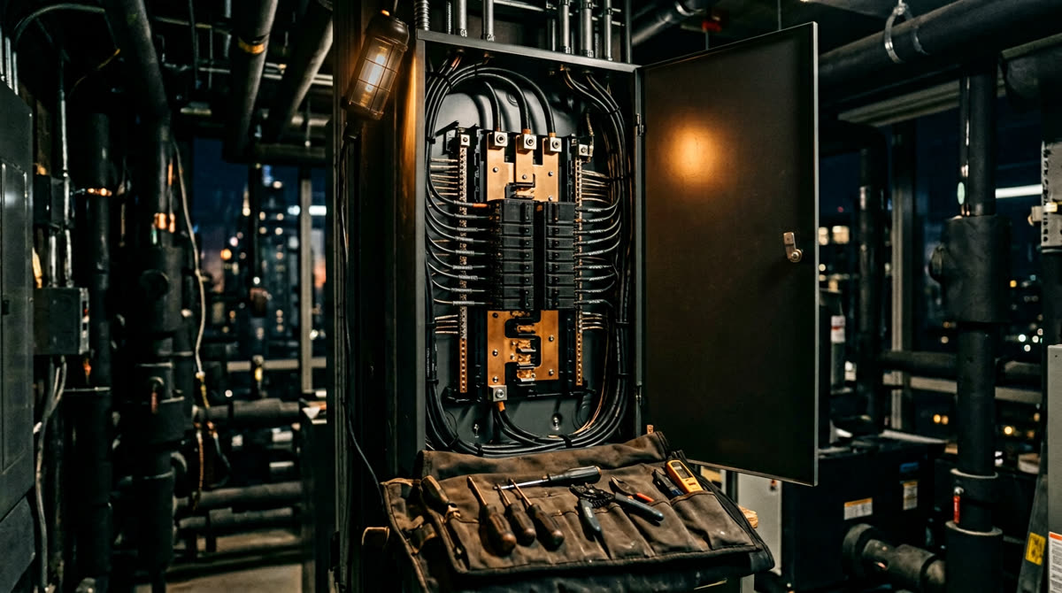 Manhattan high-rise electrical panel room with dedicated AV circuits, representing the Restrepo Innovations and Team Electric licensed electrical contractor partnership for NY and CT projects