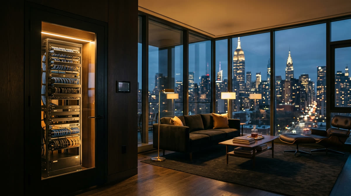 Manhattan luxury multifamily amenity floor with integrated smart building technology representing Techmenity and Restrepo Innovations partnership across New York City