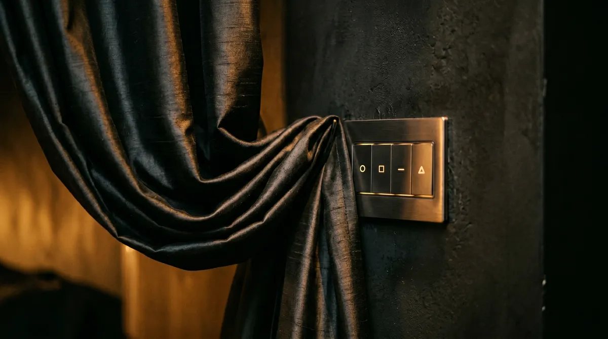 Silk drapery beside a brushed-metal lighting keypad, representing the partnership between Workroom Services and Restrepo Innovations