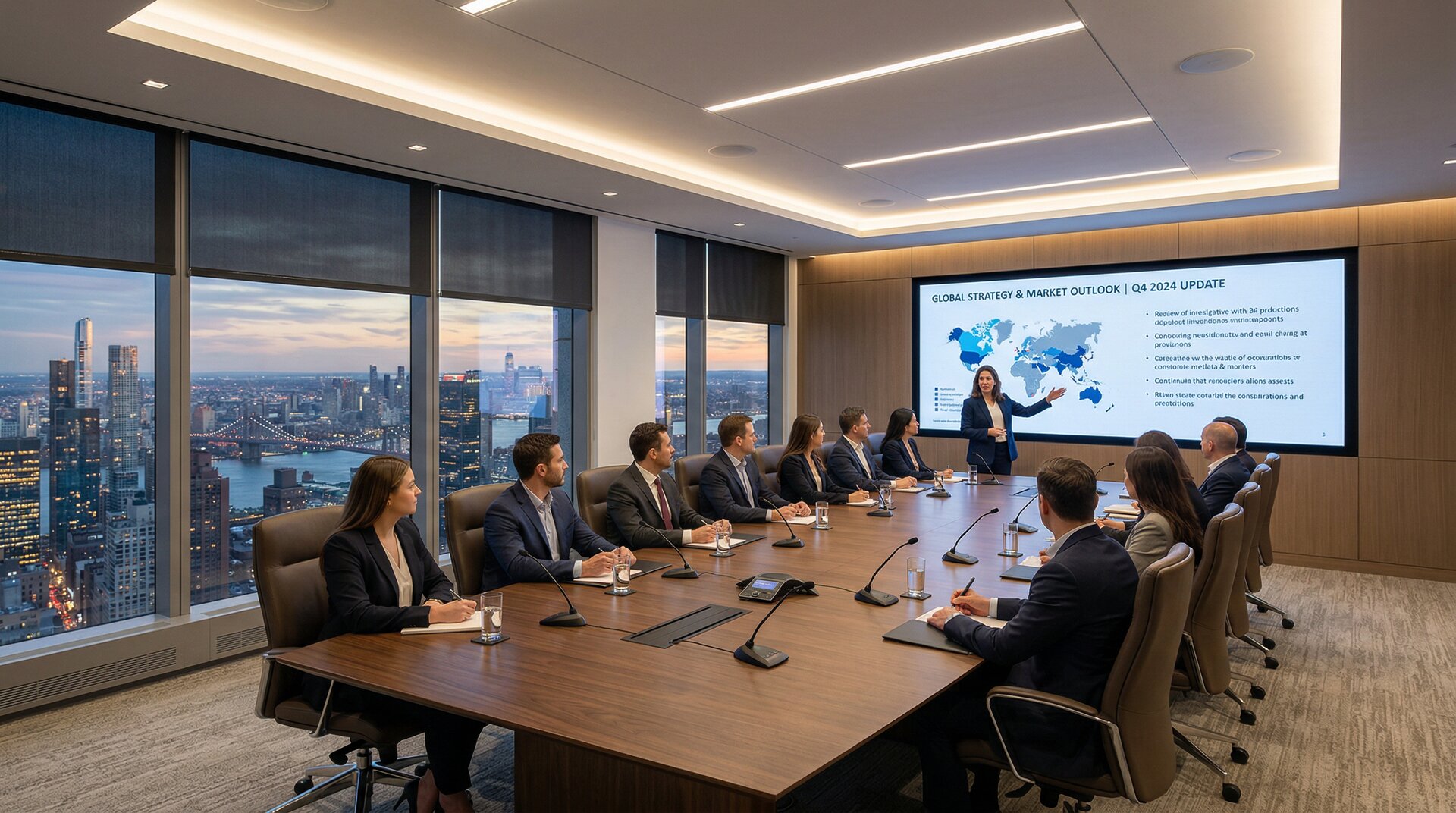 Executive corporate boardroom with integrated AV, video wall, and city skyline views