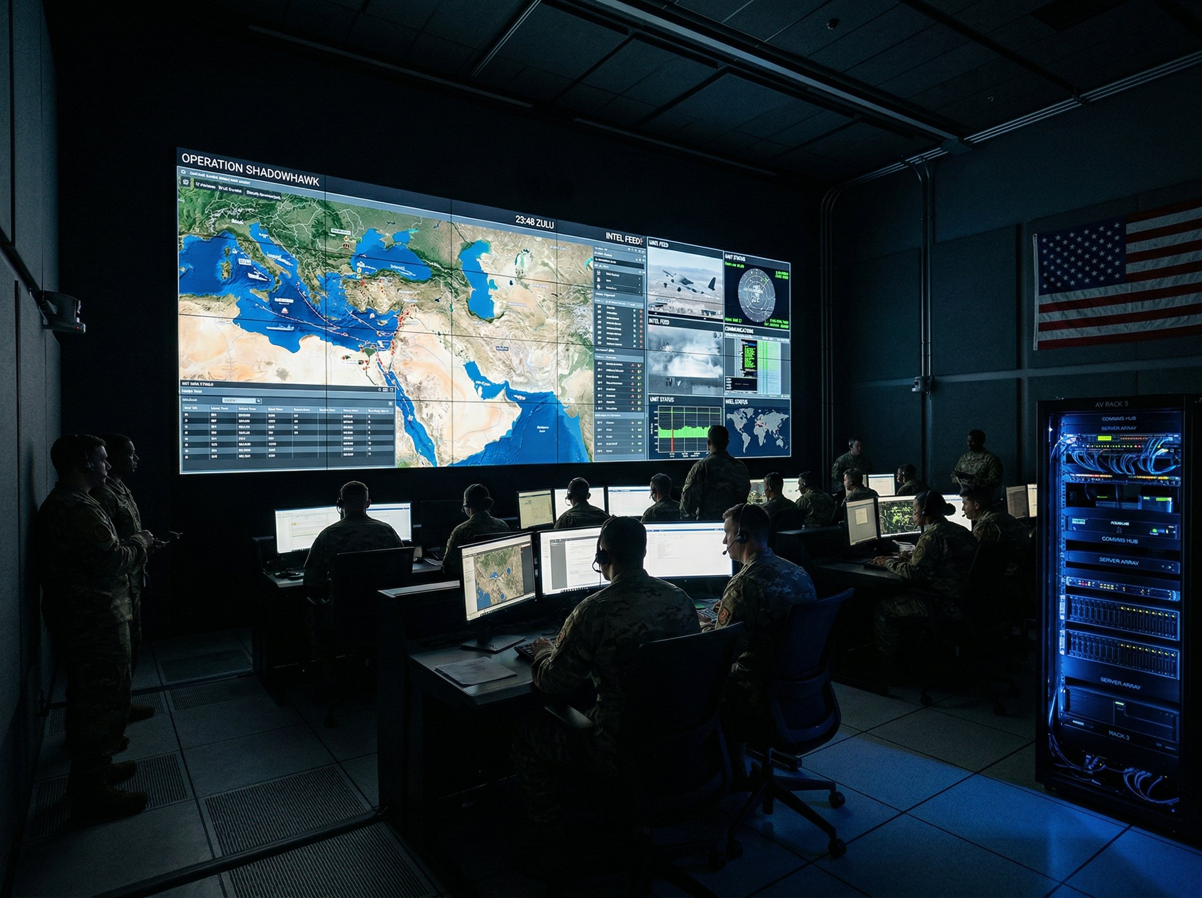 Military operations center with flat video wall, tactical displays, and integrated AV systems