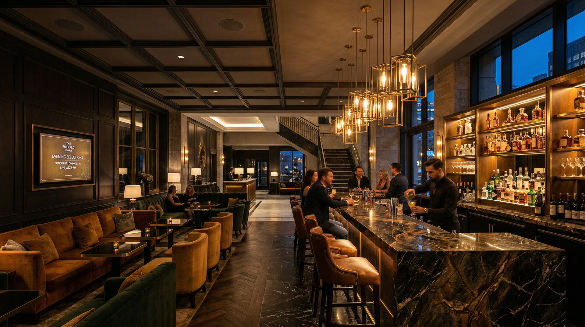 Luxury boutique hotel lobby with designer lighting, velvet seating, and integrated technology
