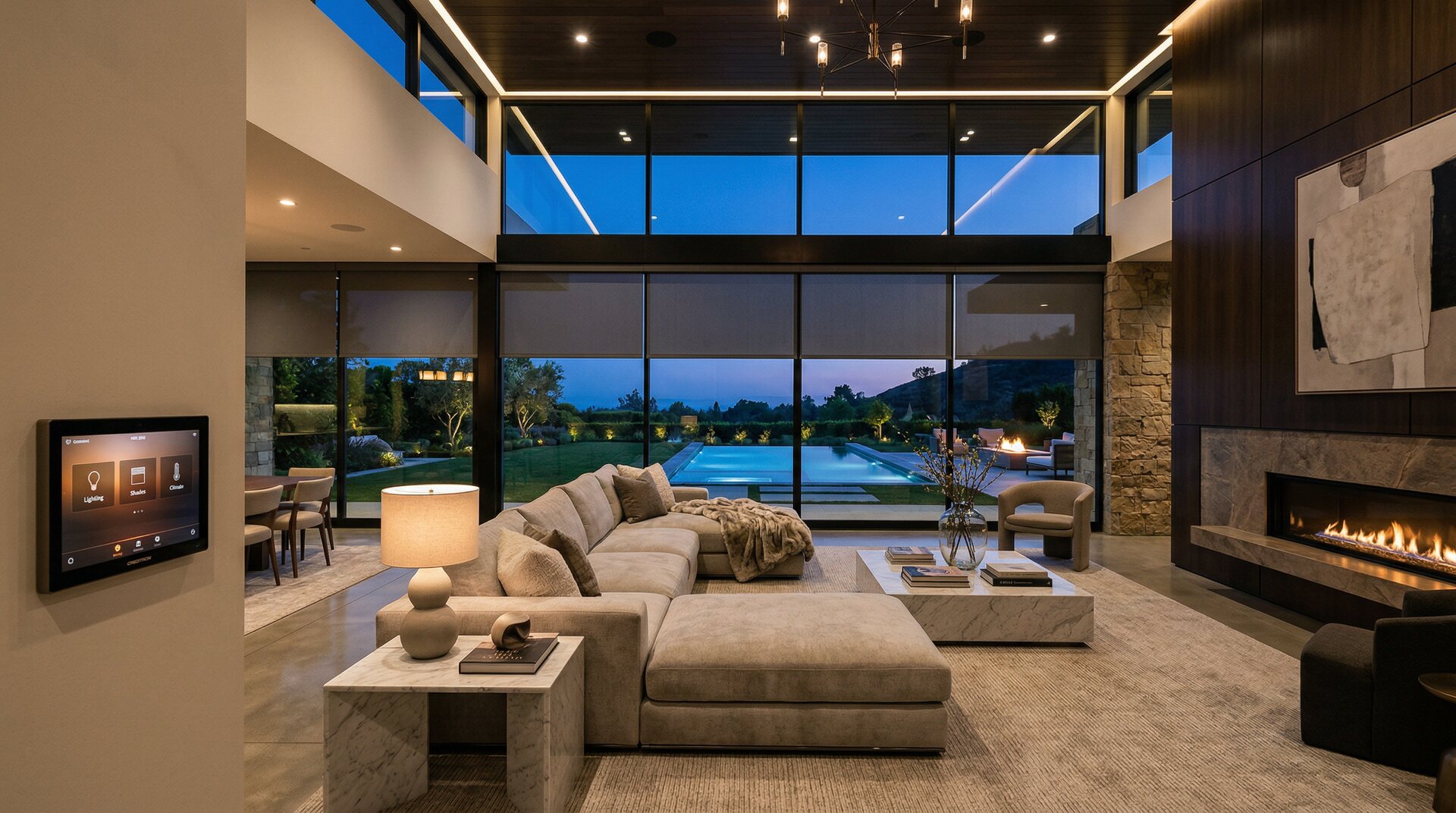 Ultra-luxury smart home living room with ambient lighting, fireplace, and estate views at twilight