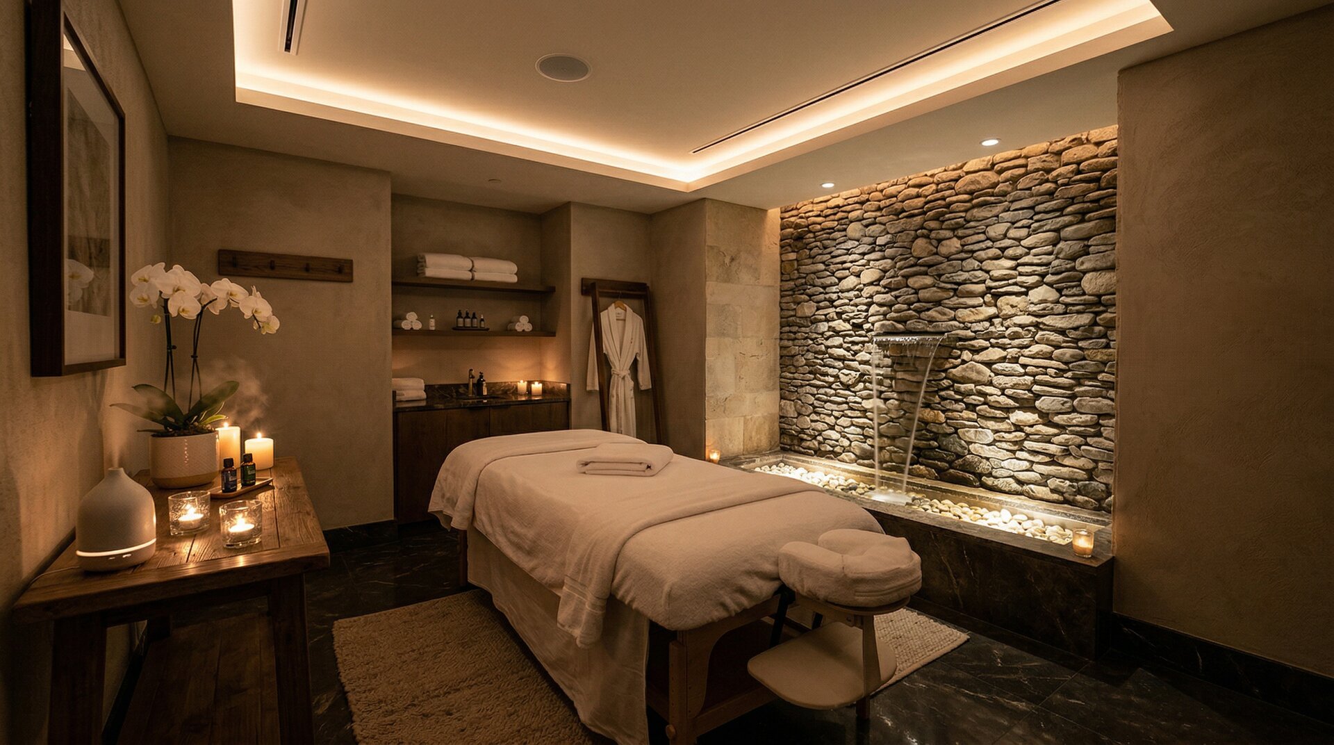 Resort spa relaxation lounge with chaise lounges, soft daylight, water feature, and warm wood paneling