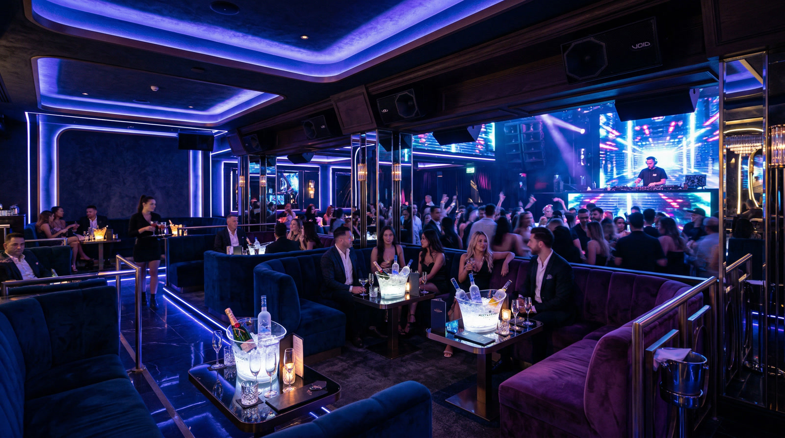 Country club dining room with members at sunset, soft architectural lighting, and discreet ceiling speakers