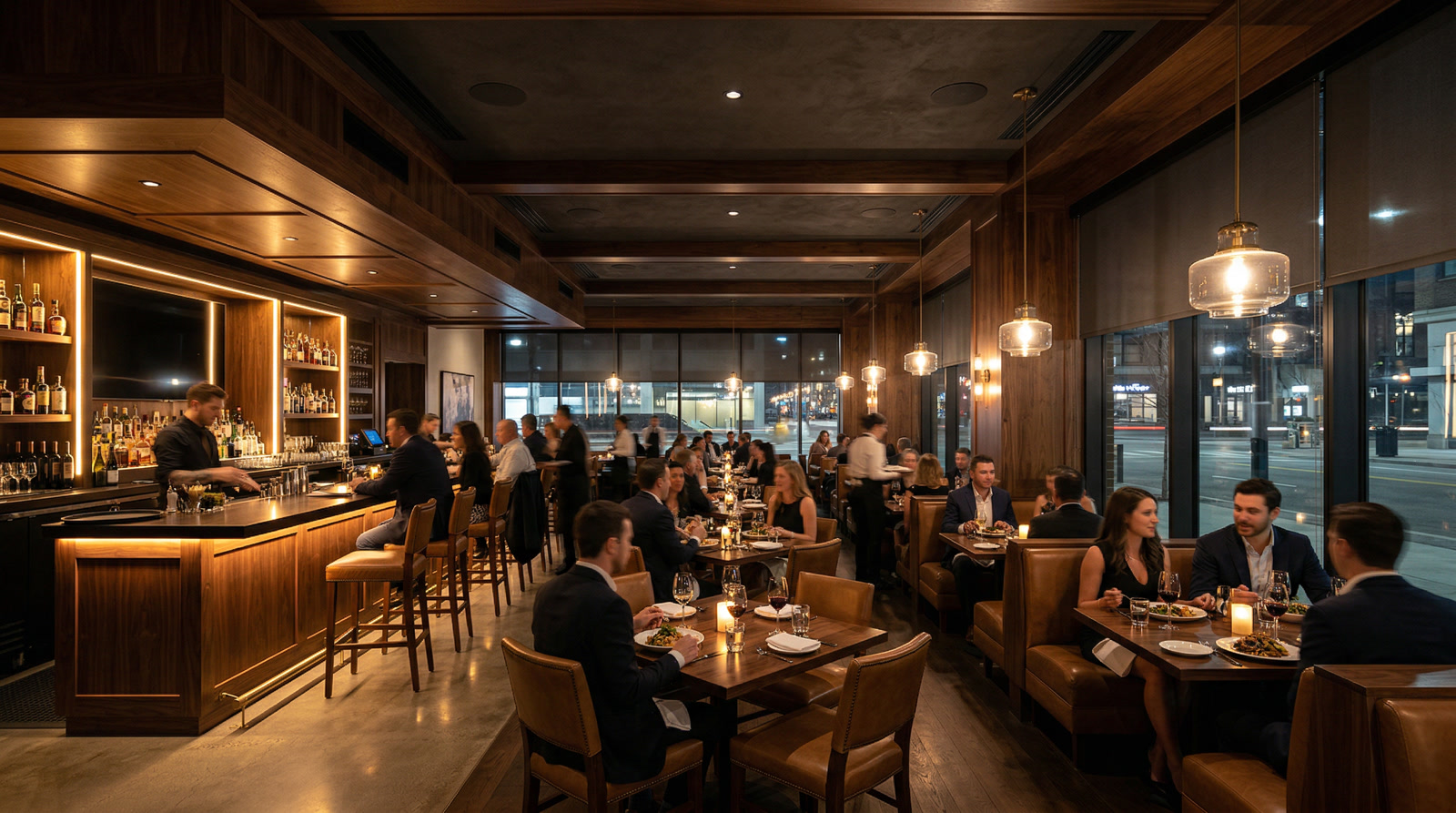 Fine dining restaurant interior with warm pendant lighting, leather banquettes, and an open kitchen pass