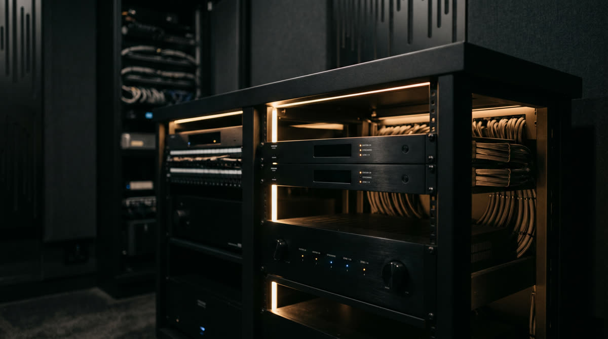 Pro AV equipment rack with rackmount streaming server and amber LED indicators