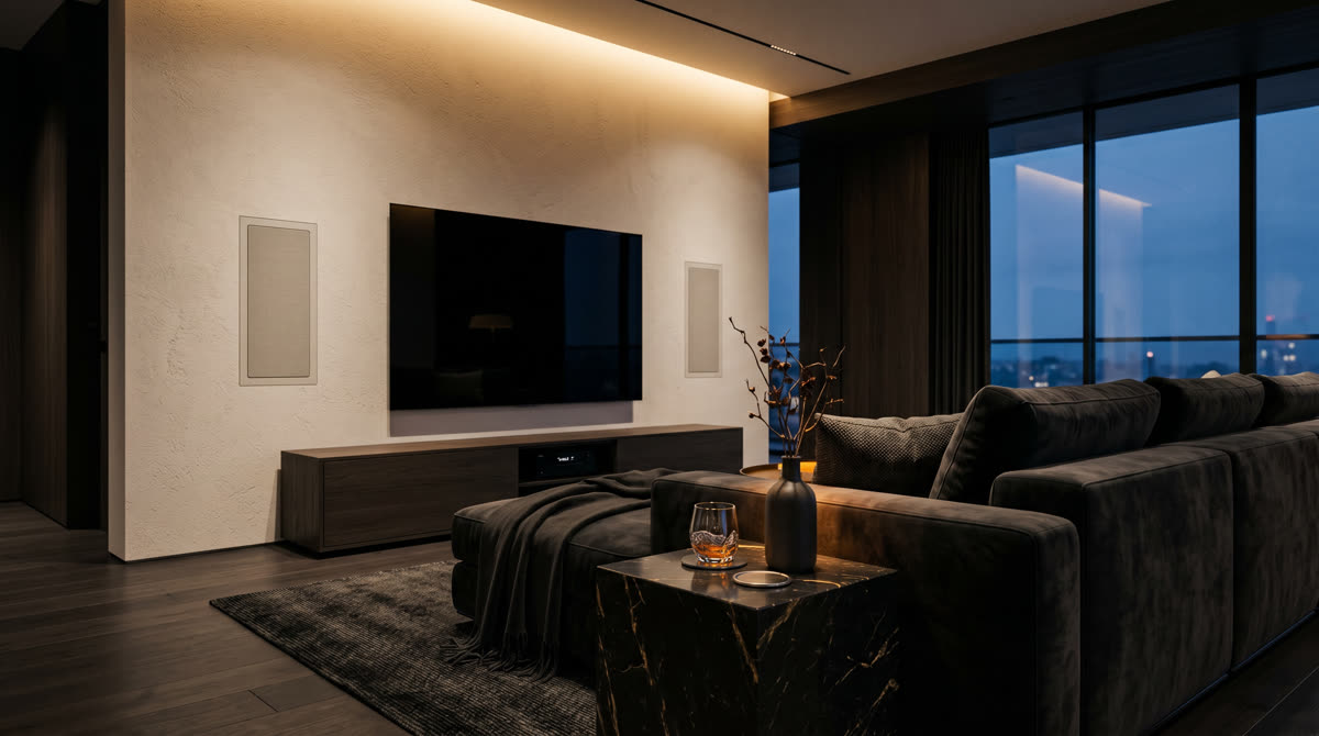 Luxury living room with architectural in-wall speakers