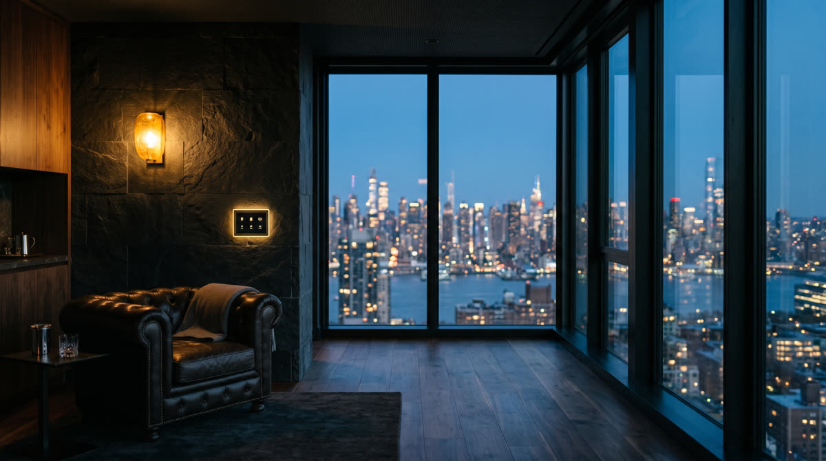 Amenity-floor screening lounge with leather club seating, integrated AV, and a floor-to-ceiling skyline view at blue hour