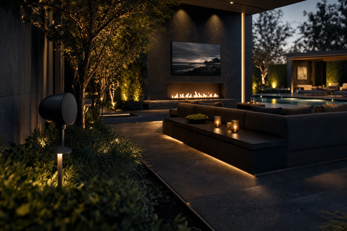 Luxury backyard with outdoor TV, landscape lighting around a pool, and concealed weatherproof speakers in pergola beams