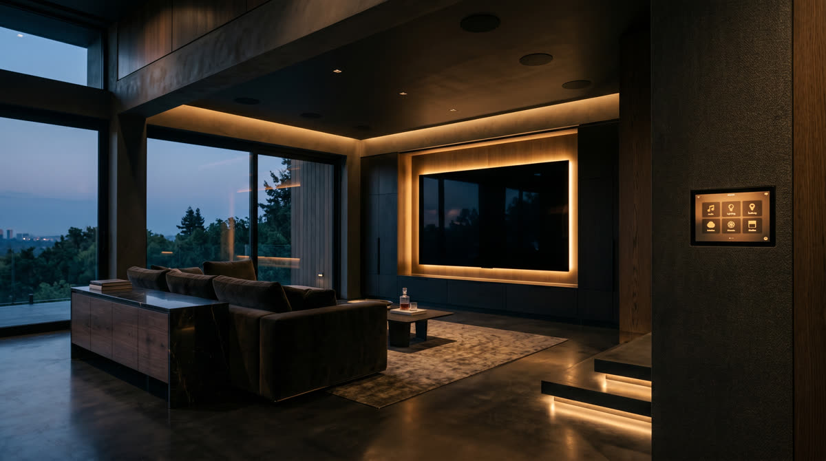 Luxury living room with integrated automation, lighting, and AV systems