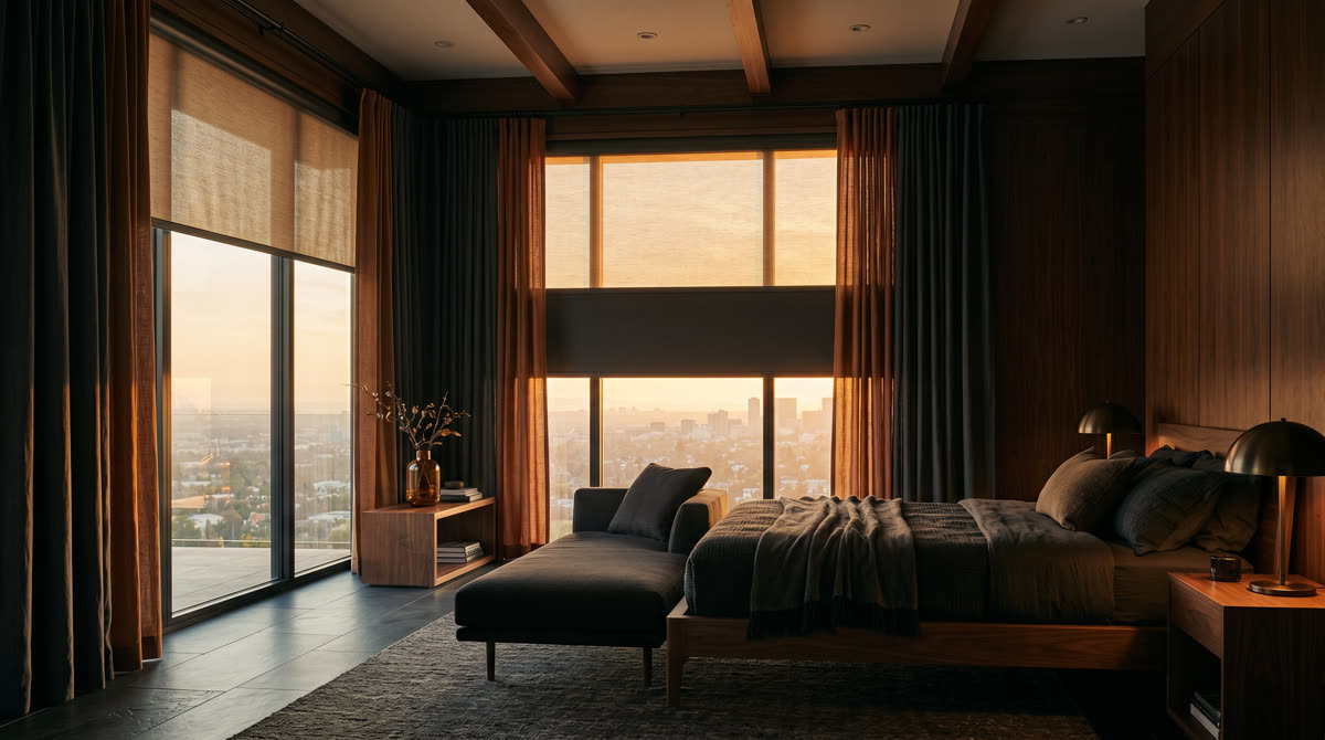 Luxury living room with motorized roller shades lowered to control afternoon glare across hardwood floors and a grand piano