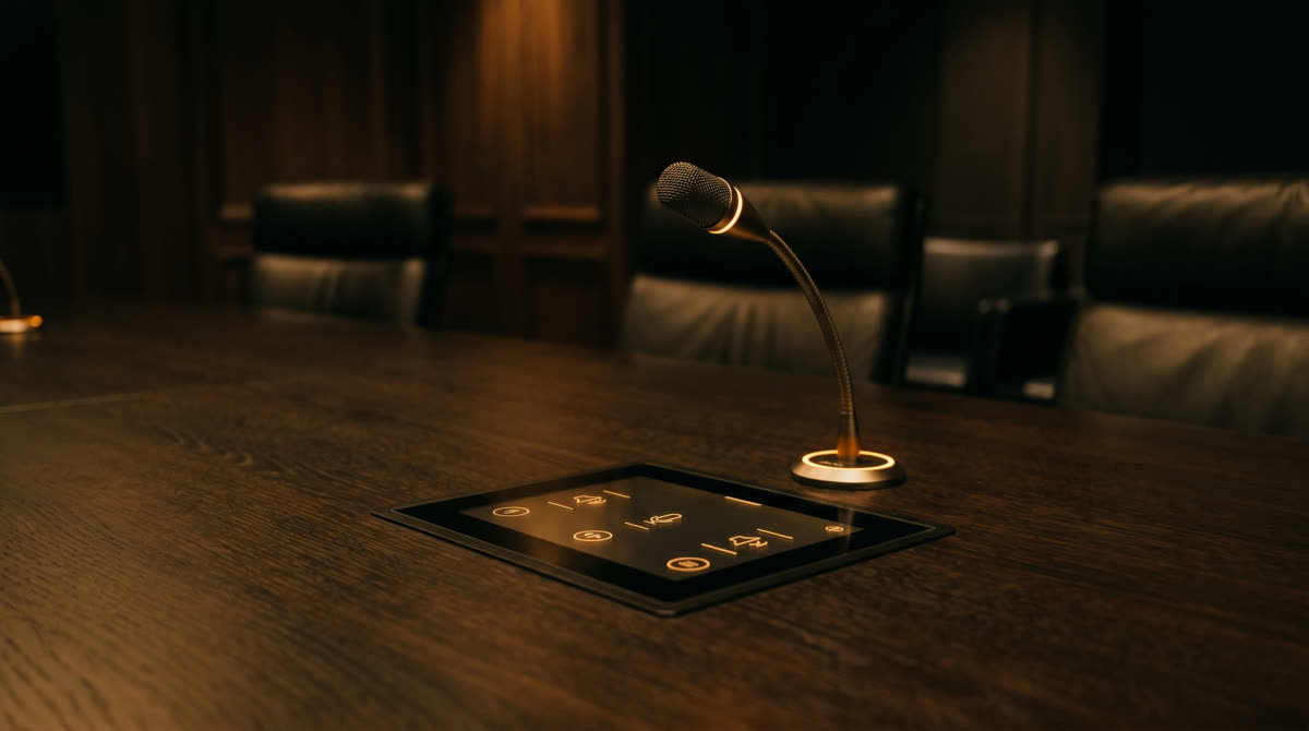Conference room dark wood table close-up with a recessed touch panel and elegant gooseneck microphone