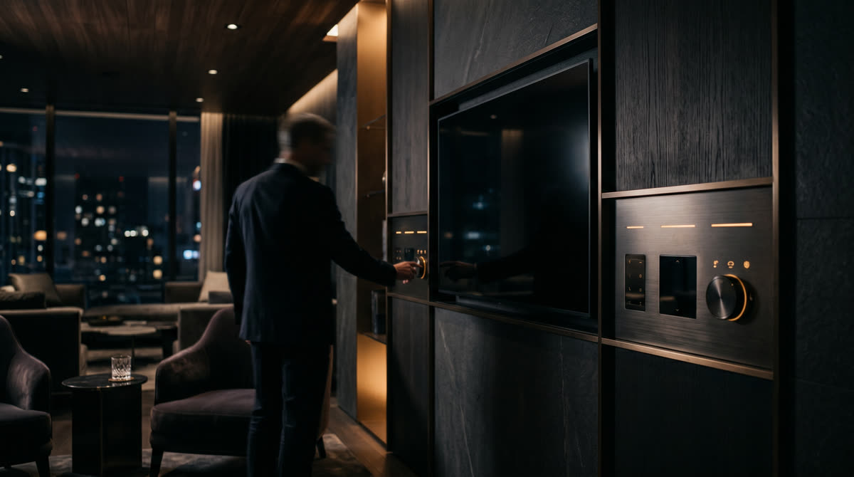 Modern corporate executive lounge with wall-mounted display and multi-zone control panel