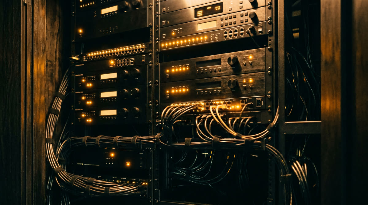Whole-home media equipment rack with multiple matrix amplifiers and AV processors with glowing amber status LEDs