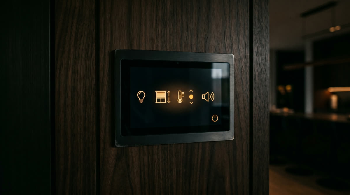 Close-up of a Crestron touchscreen wall keypad with warm amber icons on a dark wood panel