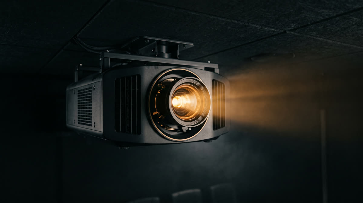 Close-up of a high-end home theater projector ceiling-mounted with a warm amber lens glow