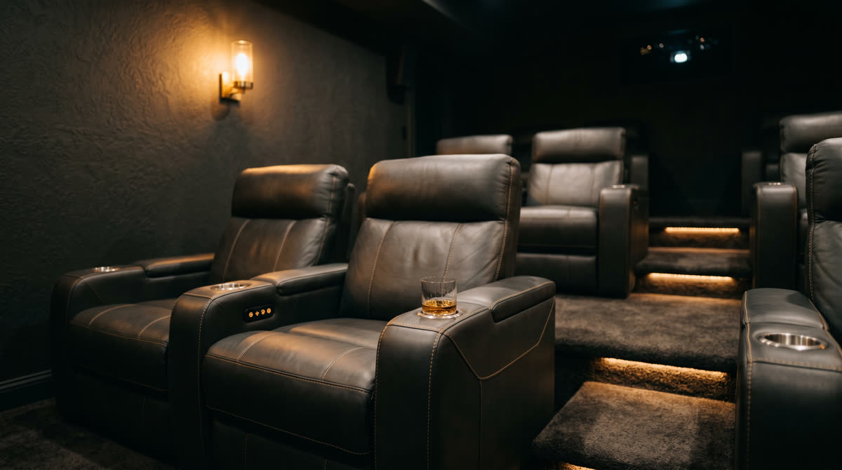 Tiered home theater seating with plush leather recliners, integrated cup holders, and soft amber sconce lighting