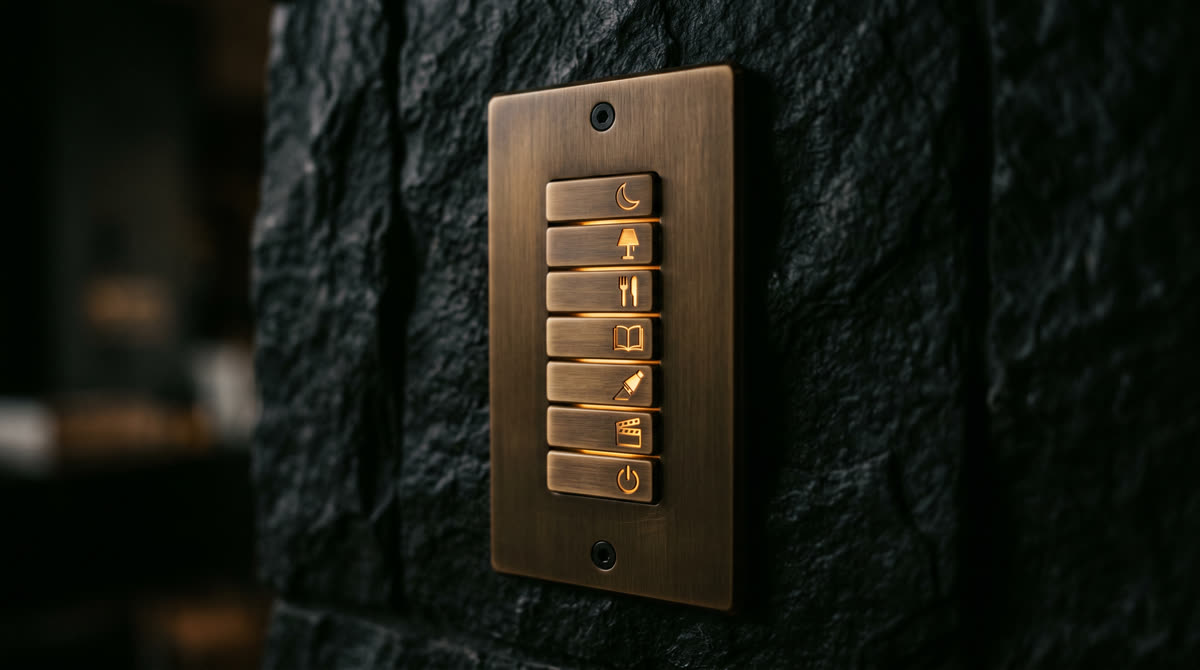 Designer brushed-bronze keypad on a dark stone wall with warm amber backlit scene buttons